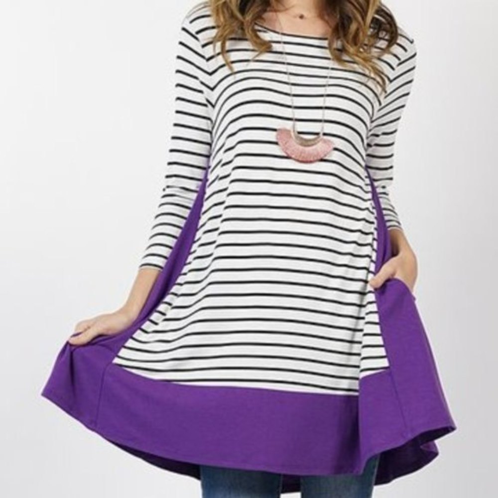 42 Pops Purple Stripe Contrast Raglan Sleeve Swing Top Pockets S